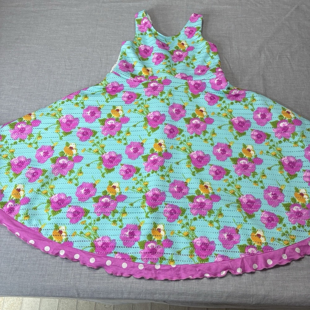 Rare Editions Girls Dress Size 6X Blue Pink Floral Flare Dress Lace Back Bodice
